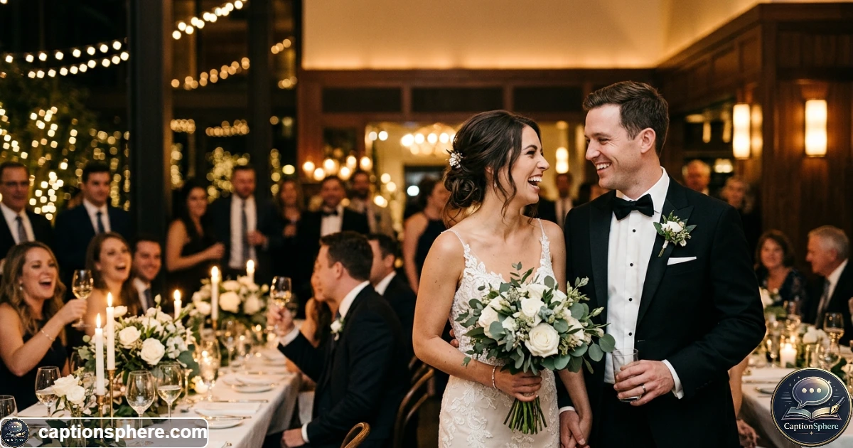 Newlywed couple celebrating at an elegant wedding reception with guests