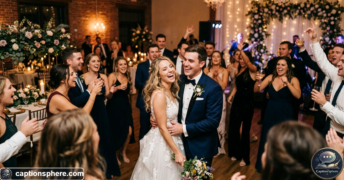 Newlywed couple laughing together during a lively wedding reception celebration
