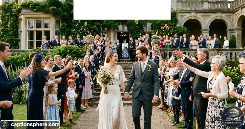 Wedding couple walking through a joyful ceremony and reception celebration