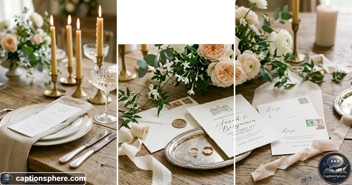 Elegant wedding rings flowers and reception details arranged at a romantic venue