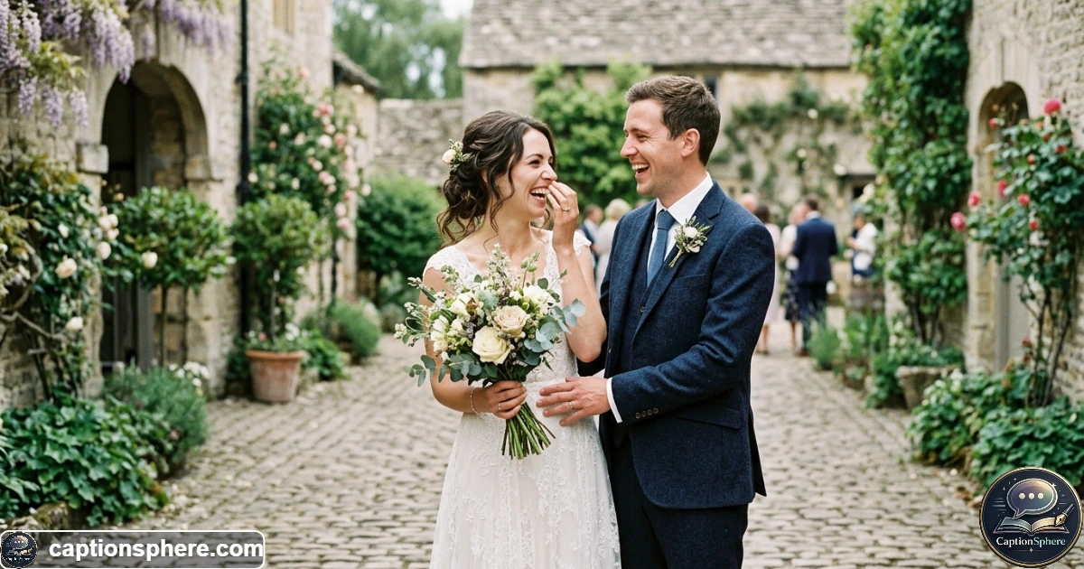 Newlywed couple sharing a relaxed candid laugh after their wedding ceremony