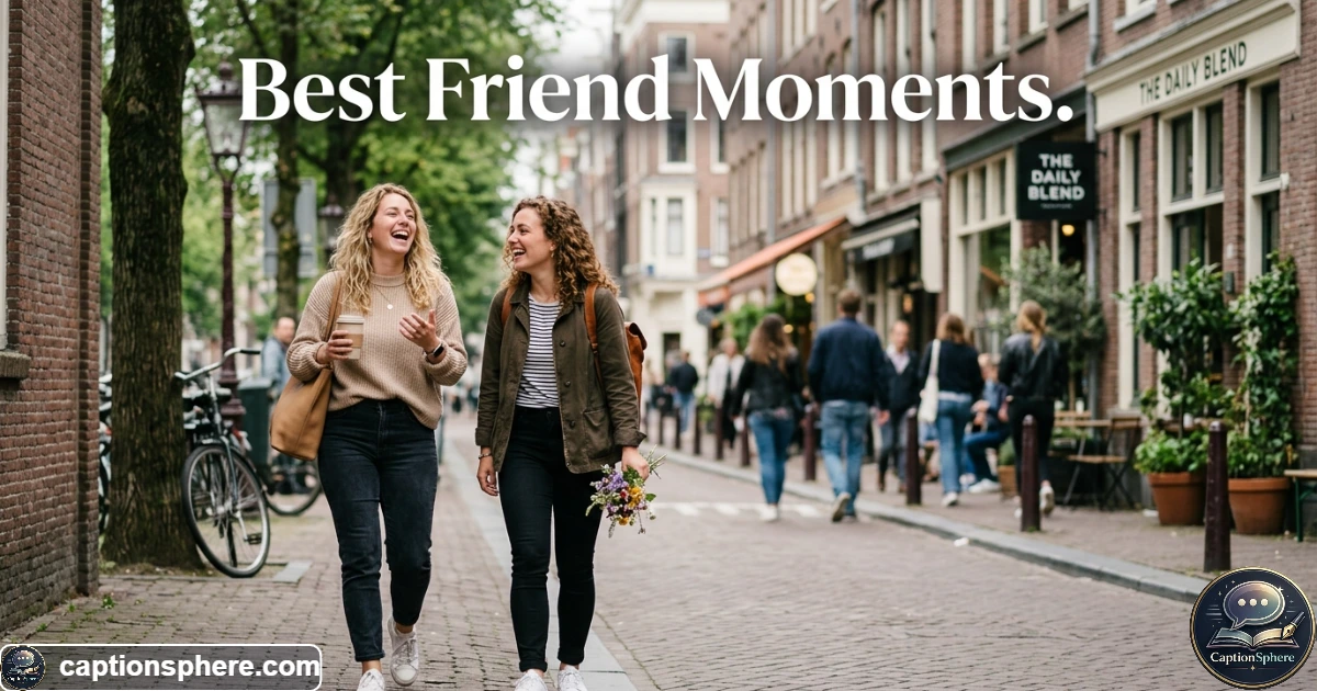 Two best friends smiling together during a relaxed city afternoon