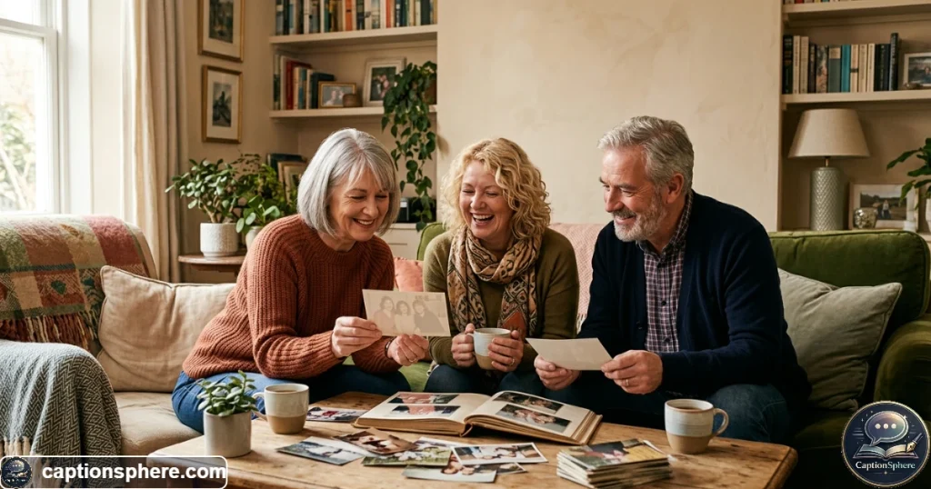Friends smiling while looking through old friendship photos together