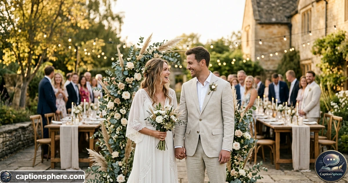 Newlywed couple posing together at an elegant outdoor wedding celebration