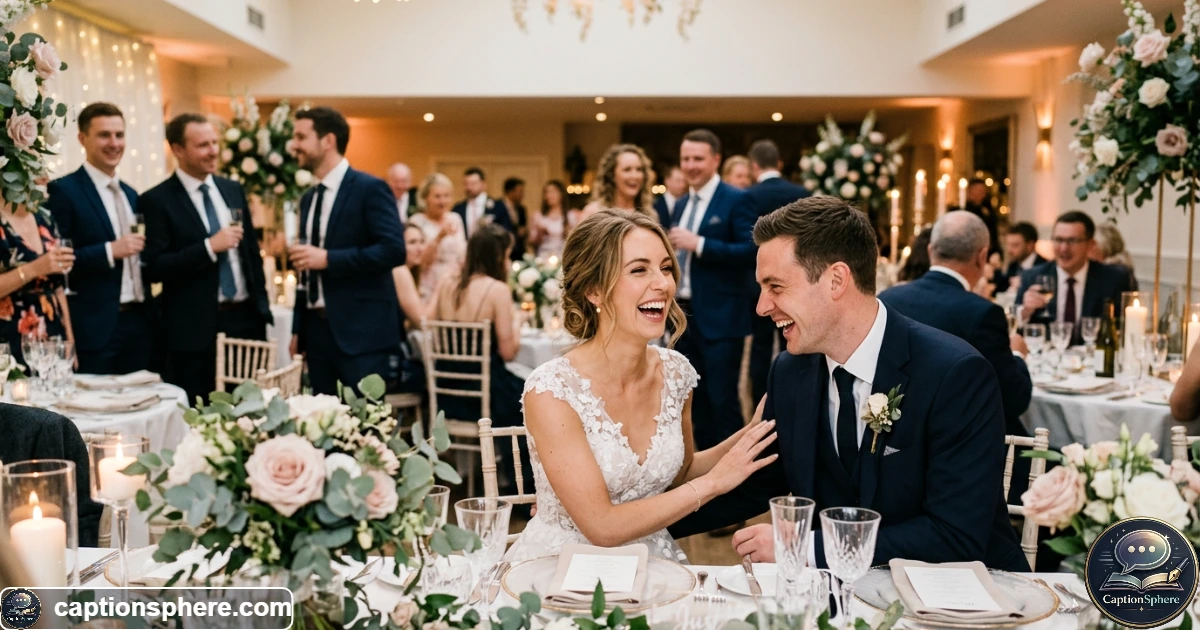 Newlywed couple smiling together during an elegant wedding reception