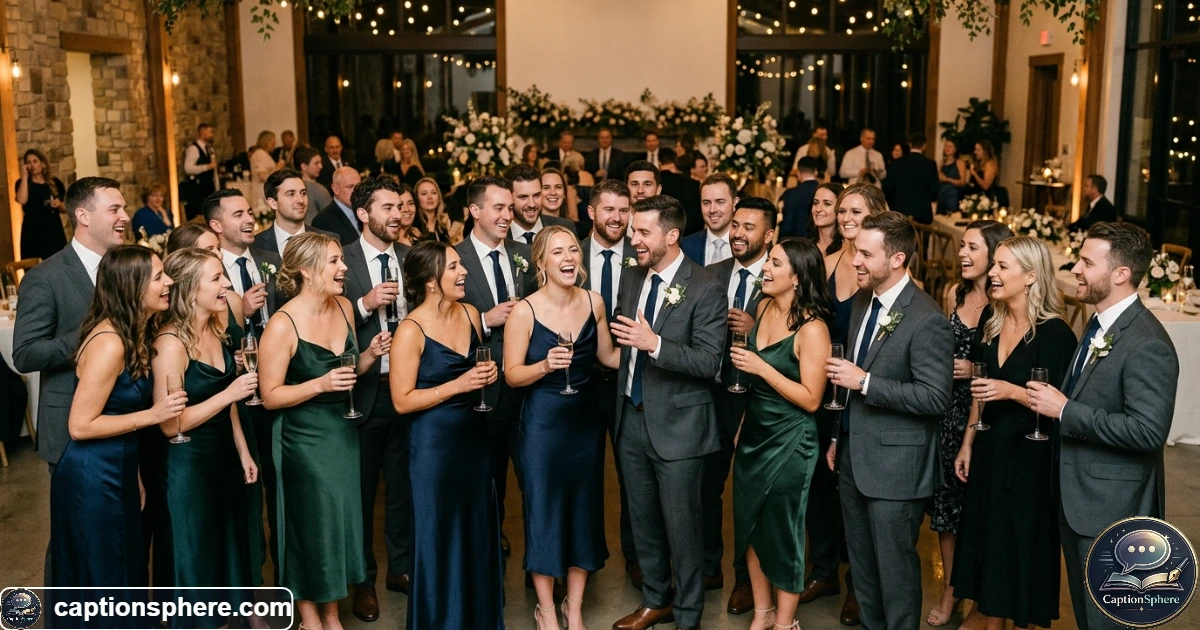 Friends and wedding party celebrating together at a joyful reception