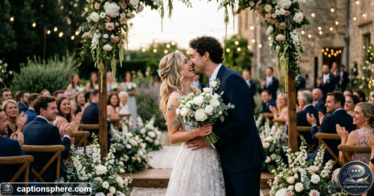 Newlywed couple sharing their first kiss during a beautiful wedding ceremony