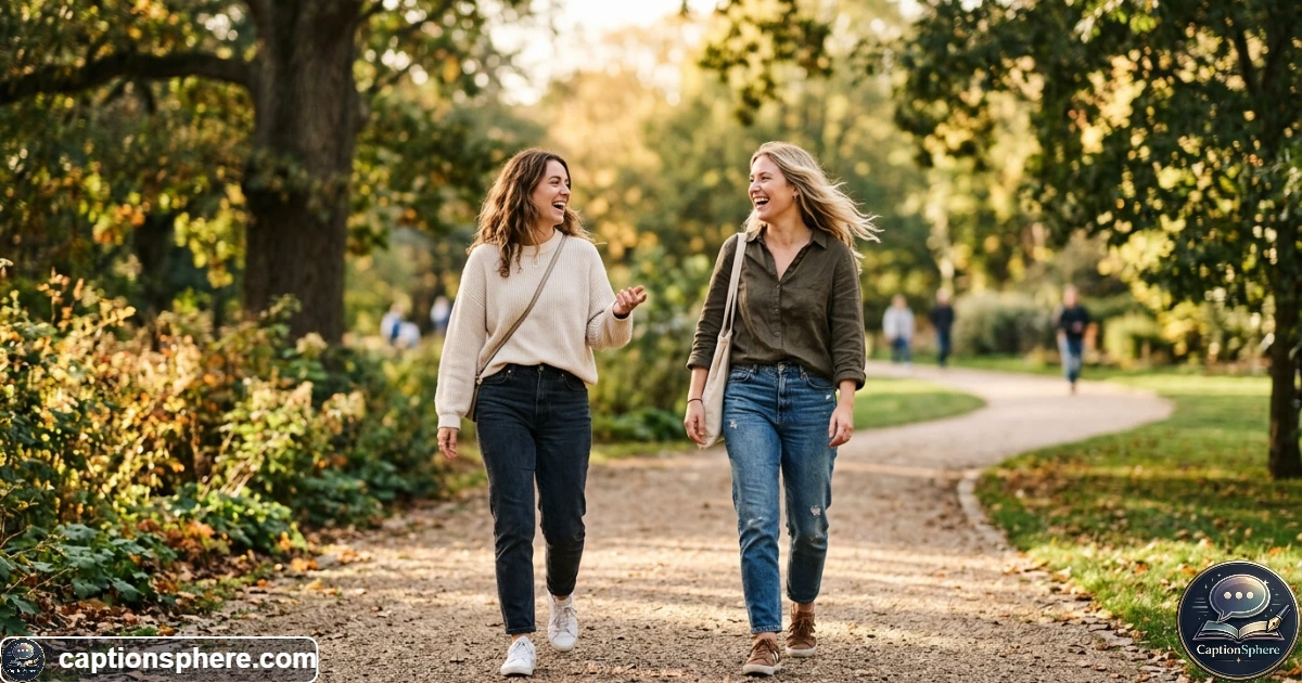 Two best friends smiling together during a relaxed outdoor memory-making moment