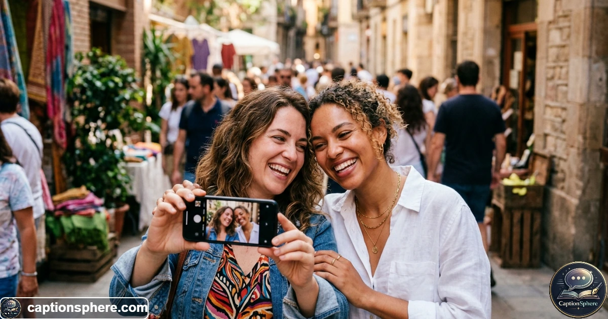 Two best friends taking a spontaneous selfie together outdoors