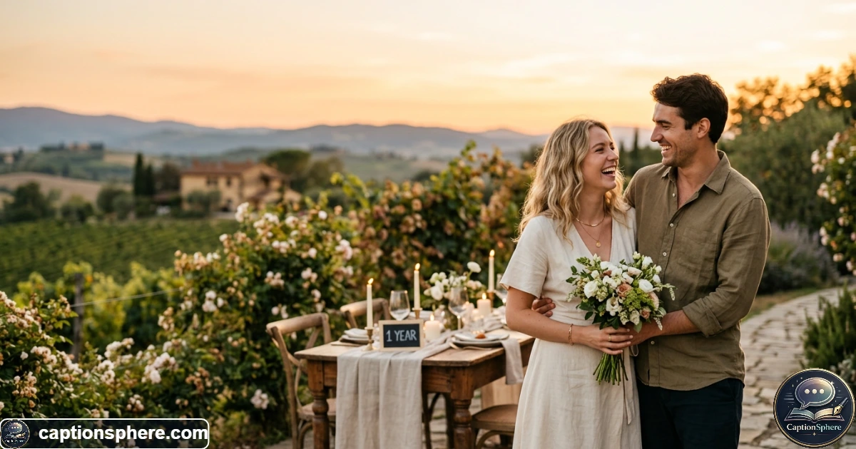 Happy couple celebrating their one year anniversary together outdoors