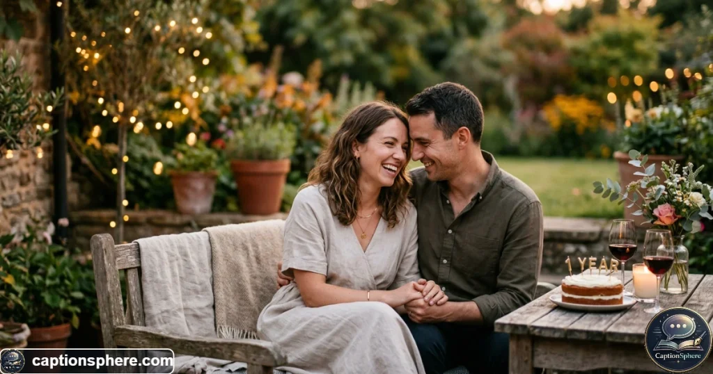 Couple sharing a quiet anniversary moment during a simple outdoor celebration