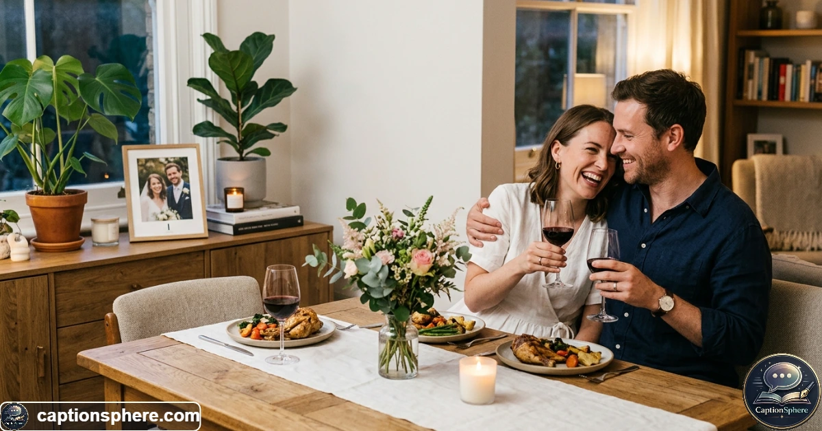 Married couple celebrating their first wedding anniversary at home