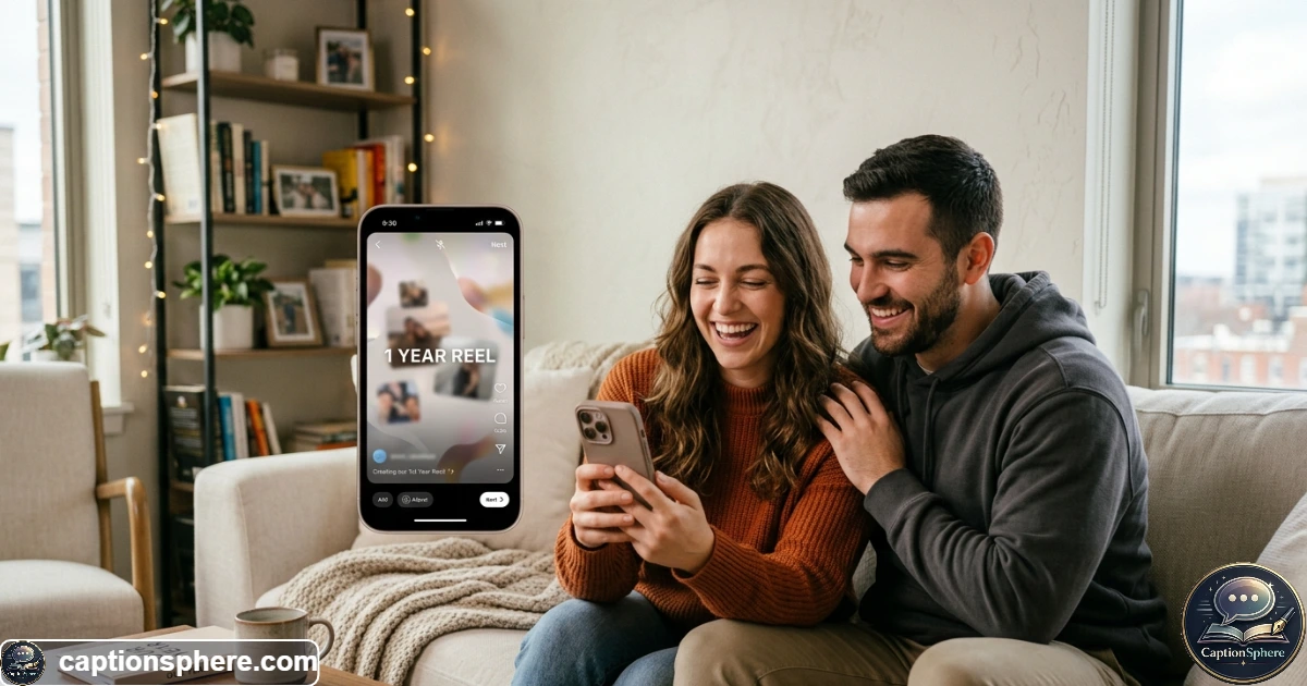 Couple creating a social media anniversary video together on a smartphone
