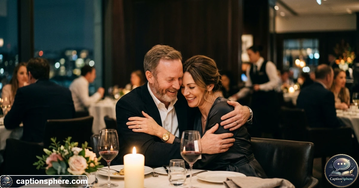 Romantic couple embracing during an elegant anniversary evening celebration