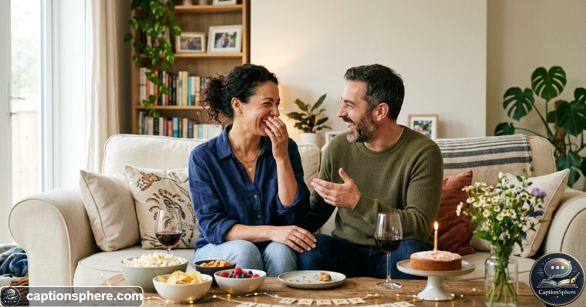 Playful couple laughing together during a casual anniversary celebration