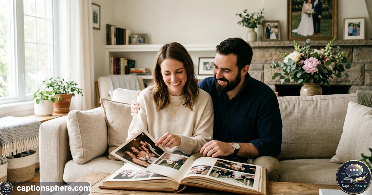 Married couple revisiting a romantic wedding memory during their anniversary