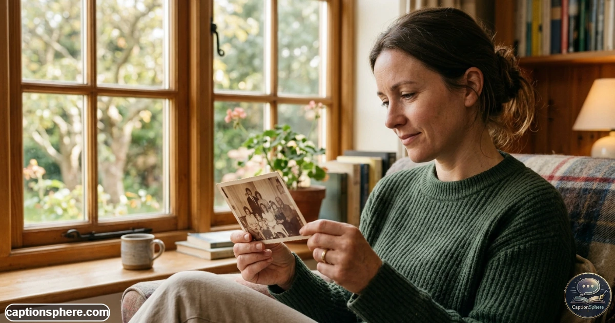 Person looking at an old photograph while remembering someone they miss
