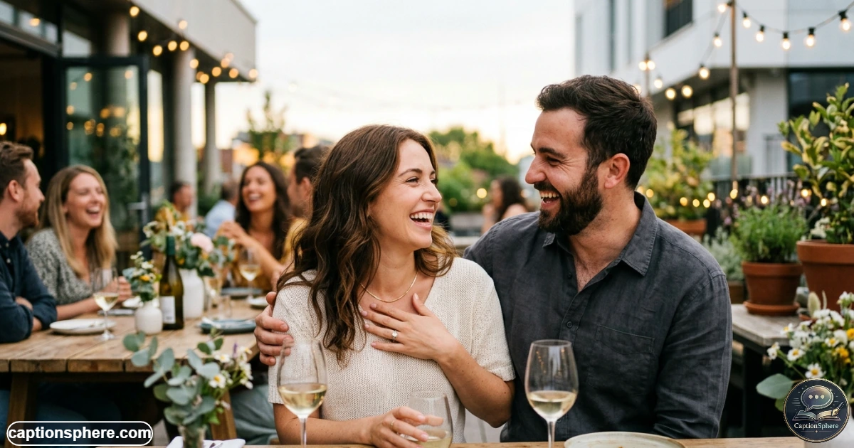 Engaged couple laughing together while showing a sparkling engagement ring