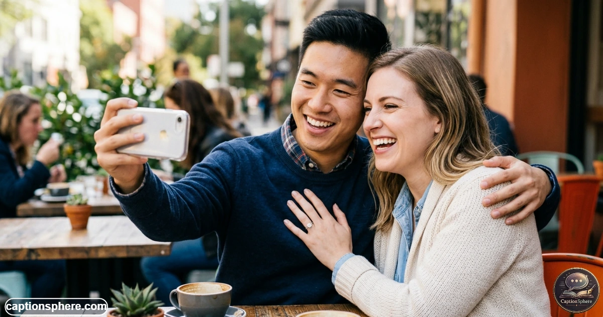 Engaged couple taking a playful selfie while showing the engagement ring