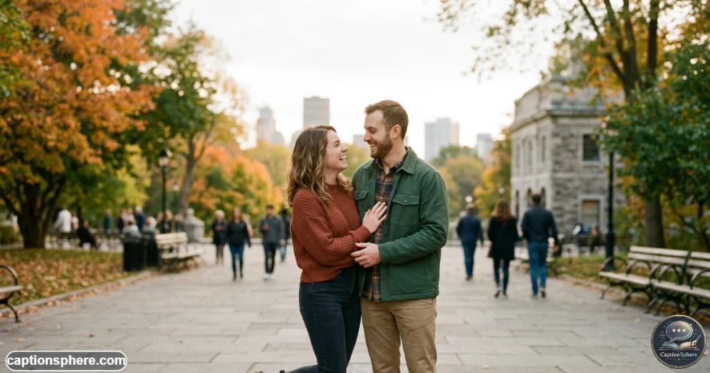 Happy engaged couple sharing a playful affectionate moment outdoors