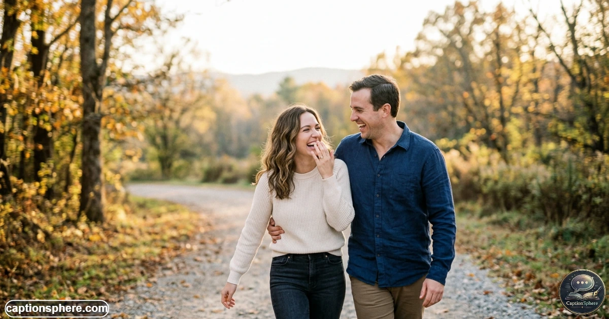 Newly engaged couple laughing together during a candid outdoor photo