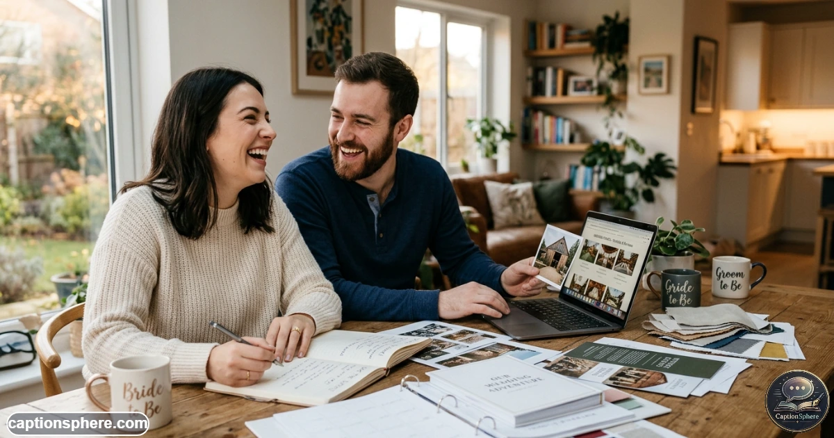 Engaged couple laughing over wedding planning notes and colorful ideas