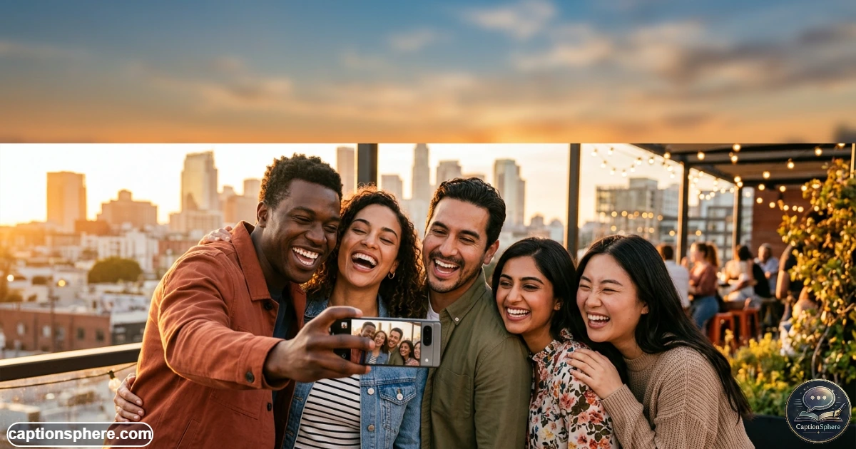 Group of friends laughing together while taking a funny social media photo