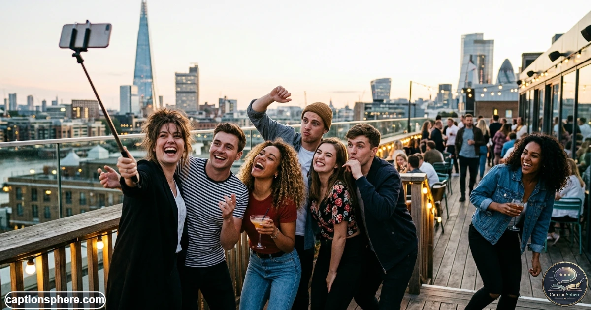 Large group of friends laughing while posing for a spontaneous group photo