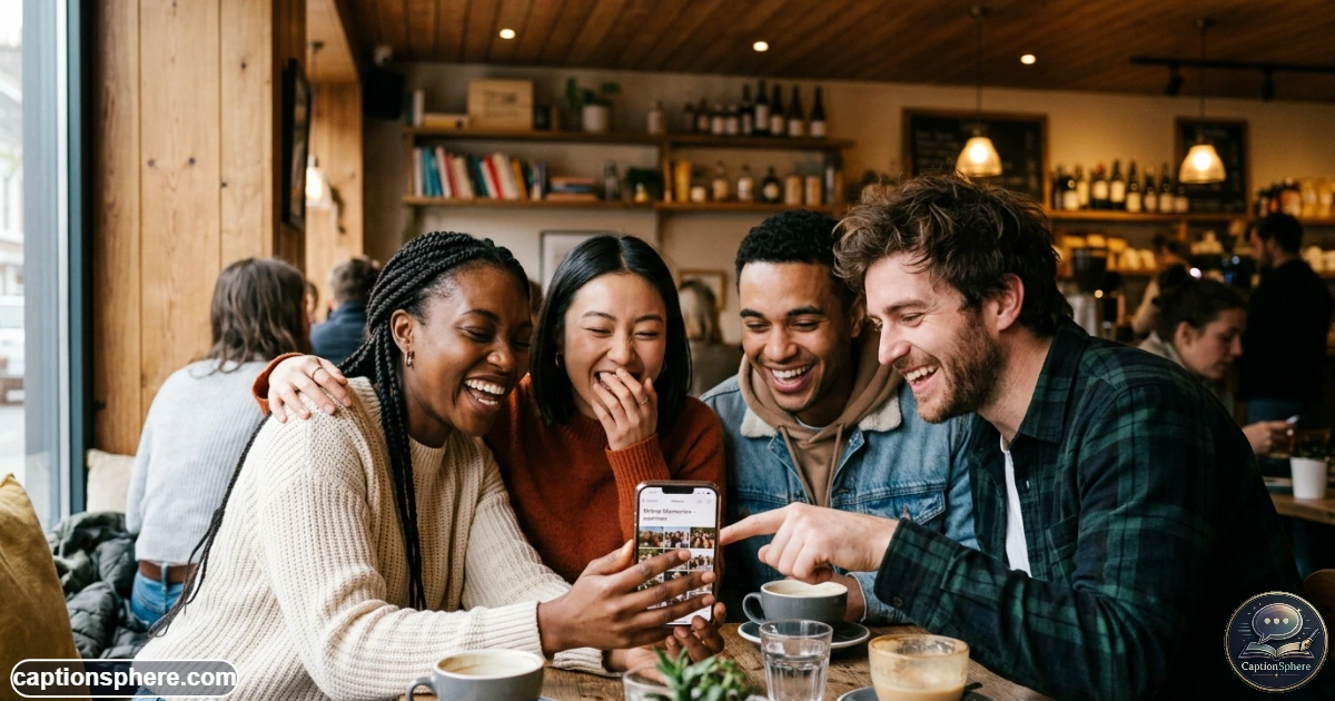Friends looking through funny photos together on a smartphone during a hangout