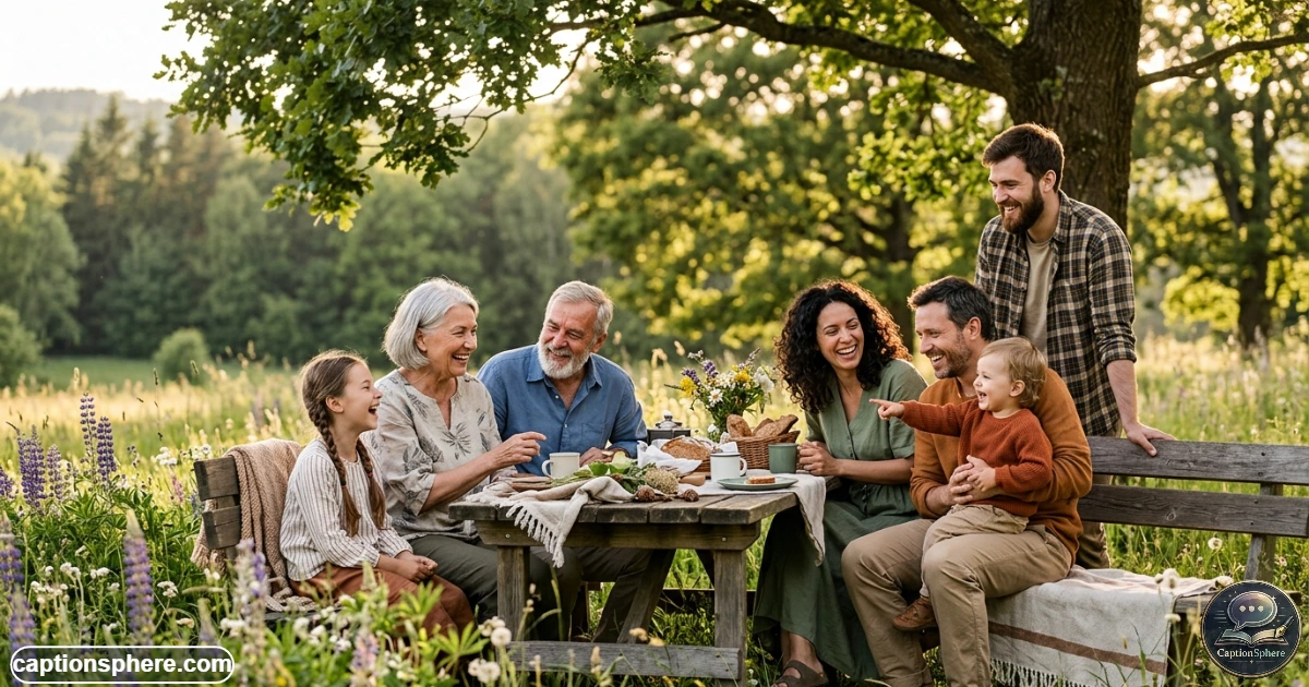 Multigenerational family smiling together outdoors during a relaxed weekend gathering