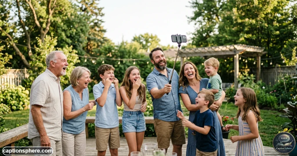 Playful family laughing together during a candid group photo outdoors