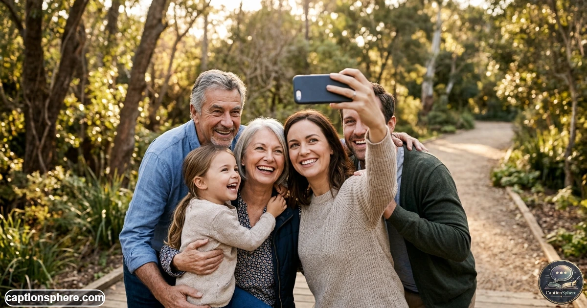 Family taking a joyful selfie together during a casual outdoor gathering