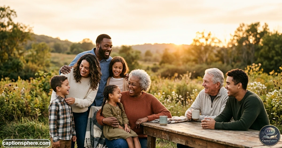 Happy family posing together outdoors for an Instagram photo