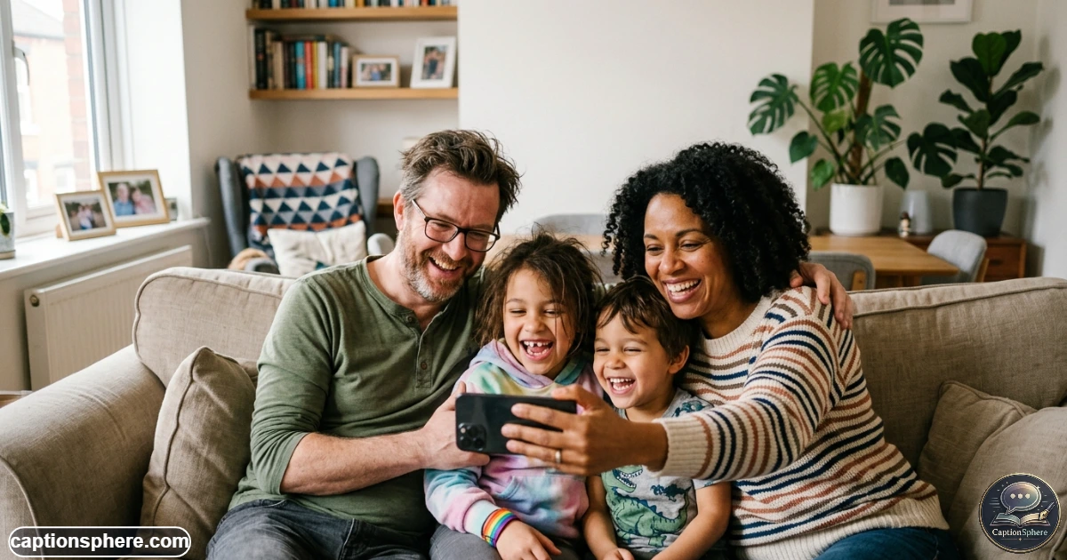 Family taking a cheerful casual selfie together at home