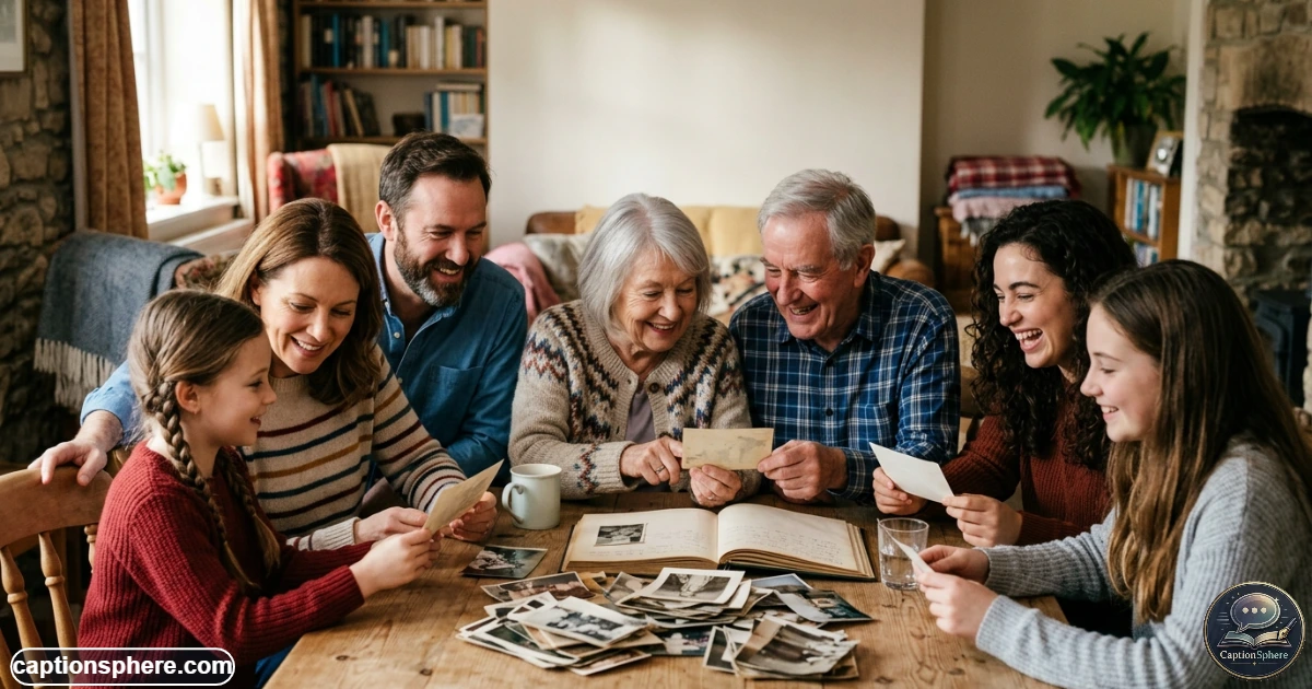 Family looking through old photographs together at home