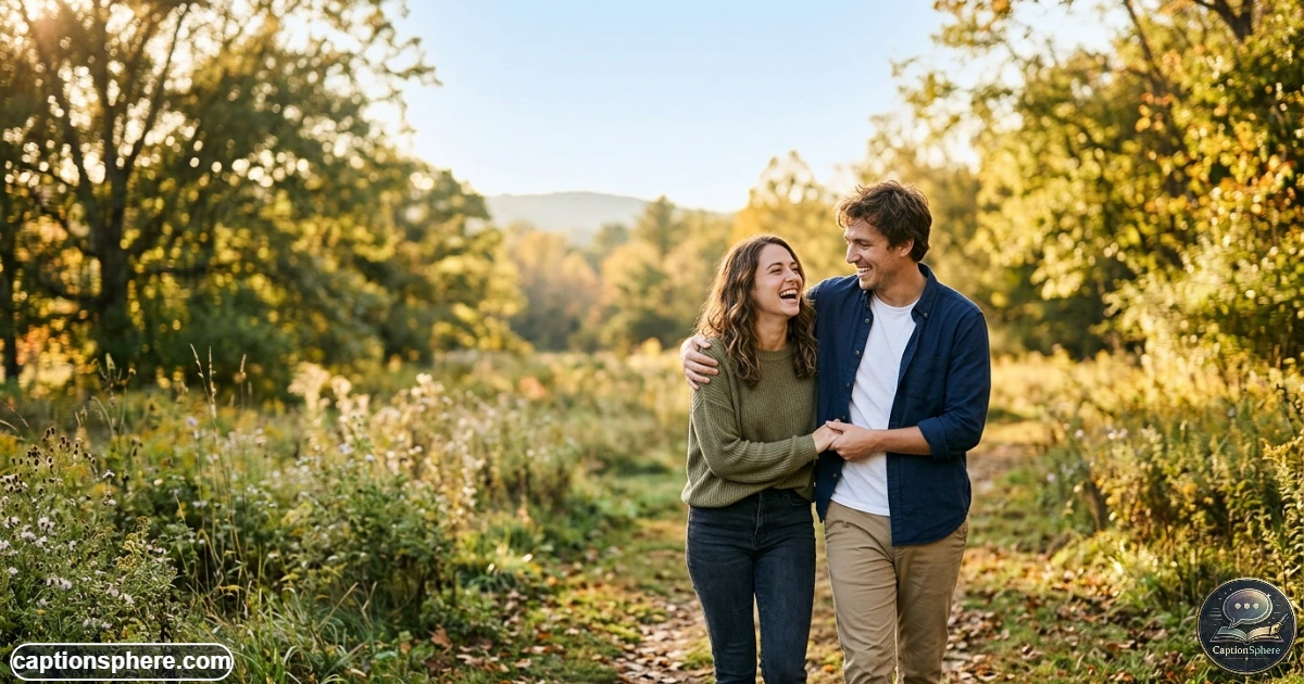 Young couple laughing together outdoors while taking a candid photo
