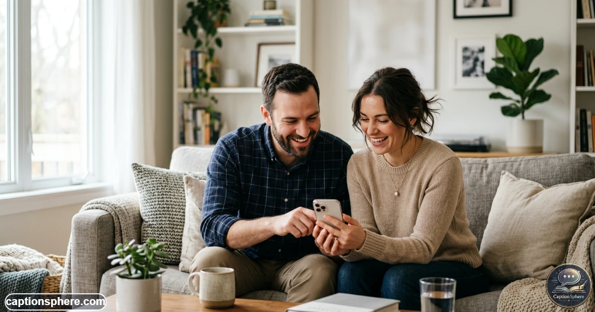 Couple choosing a social media caption together on a smartphone