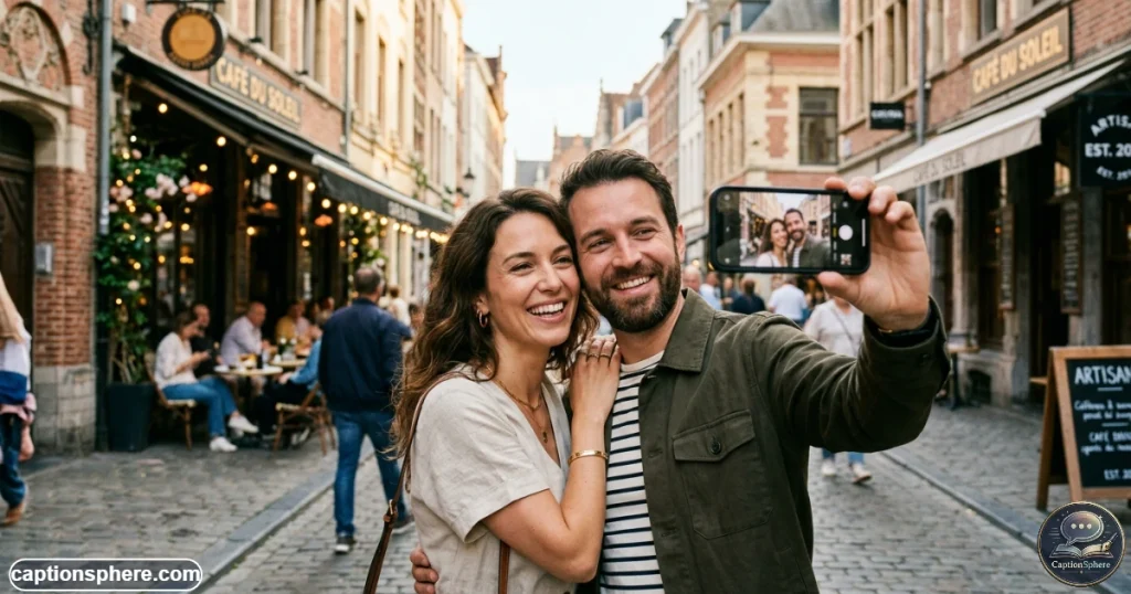 Couple taking a cheerful anniversary photo together with a smartphone outdoors