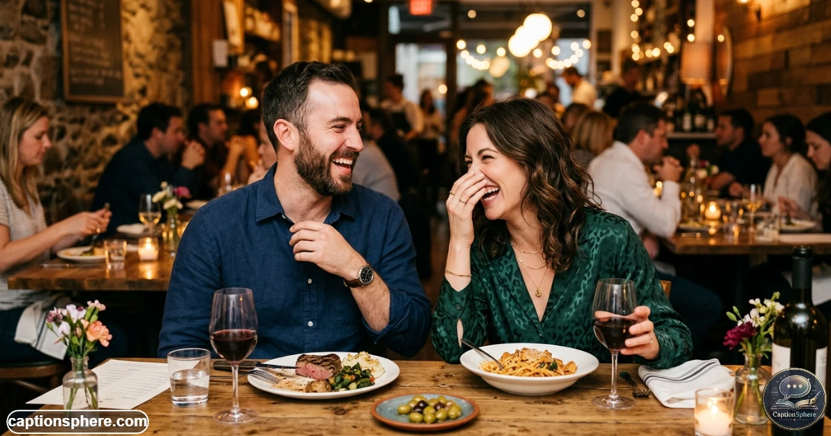 Playful couple laughing together during a fun anniversary date at a casual restaurant