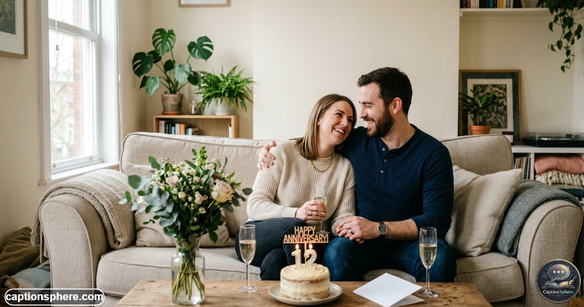 Young couple smiling together during a sweet anniversary celebration at home