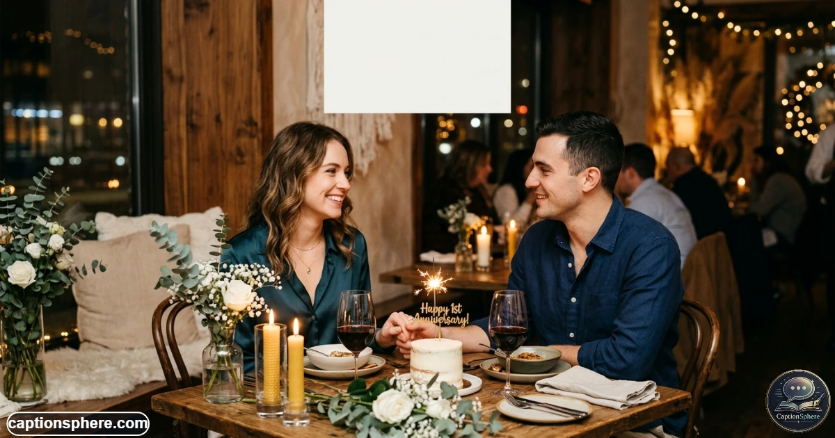 Young couple celebrating their first anniversary with flowers and a small dinner