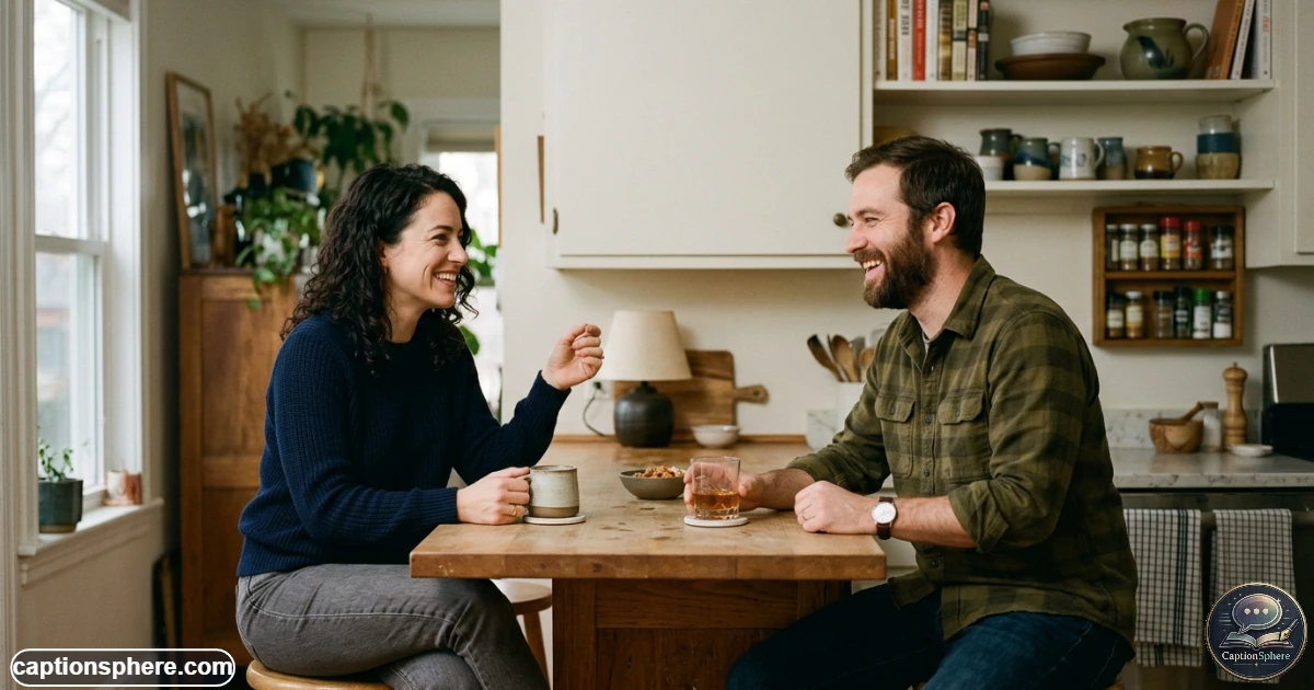 Couple enjoying a simple everyday moment together at home with natural smiles