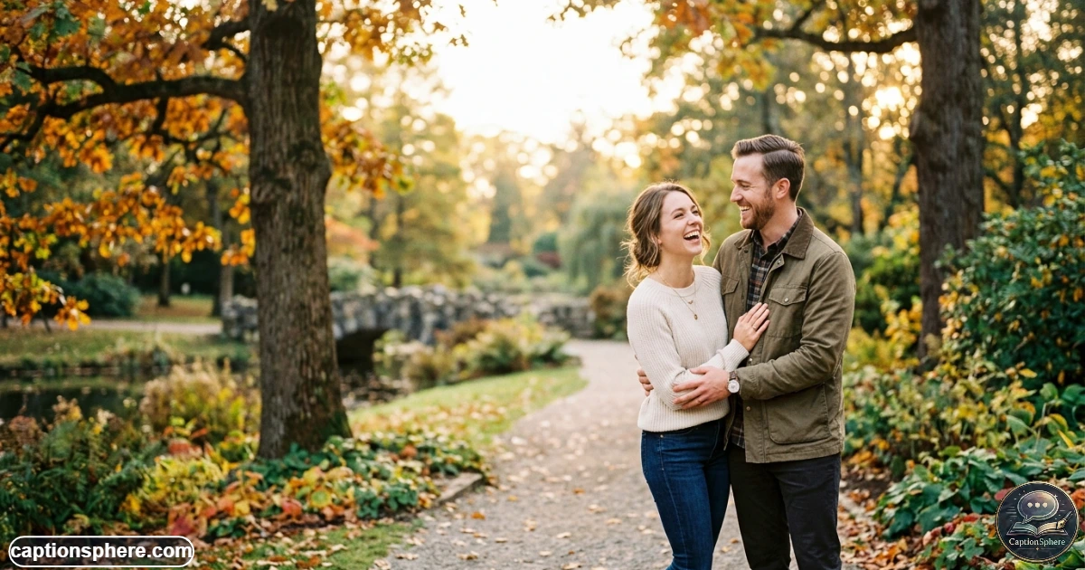 Couple smiling together while sharing a playful anniversary moment outdoors