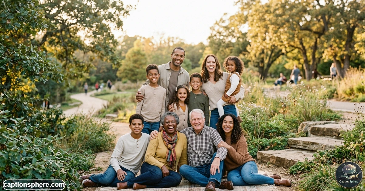 Happy family posing together outdoors for an Instagram photo