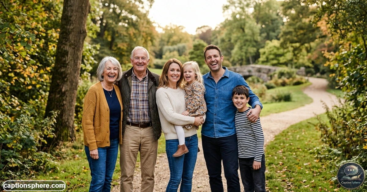 Family members smiling together during a relaxed outdoor portrait