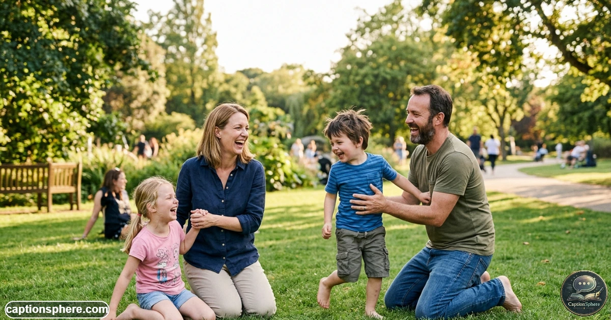 Family laughing together during a playful candid outdoor moment