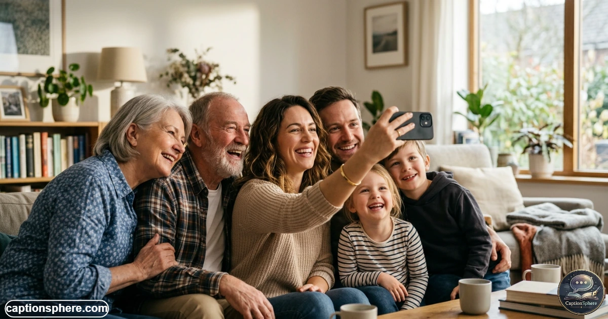 Family taking a cheerful selfie together at home