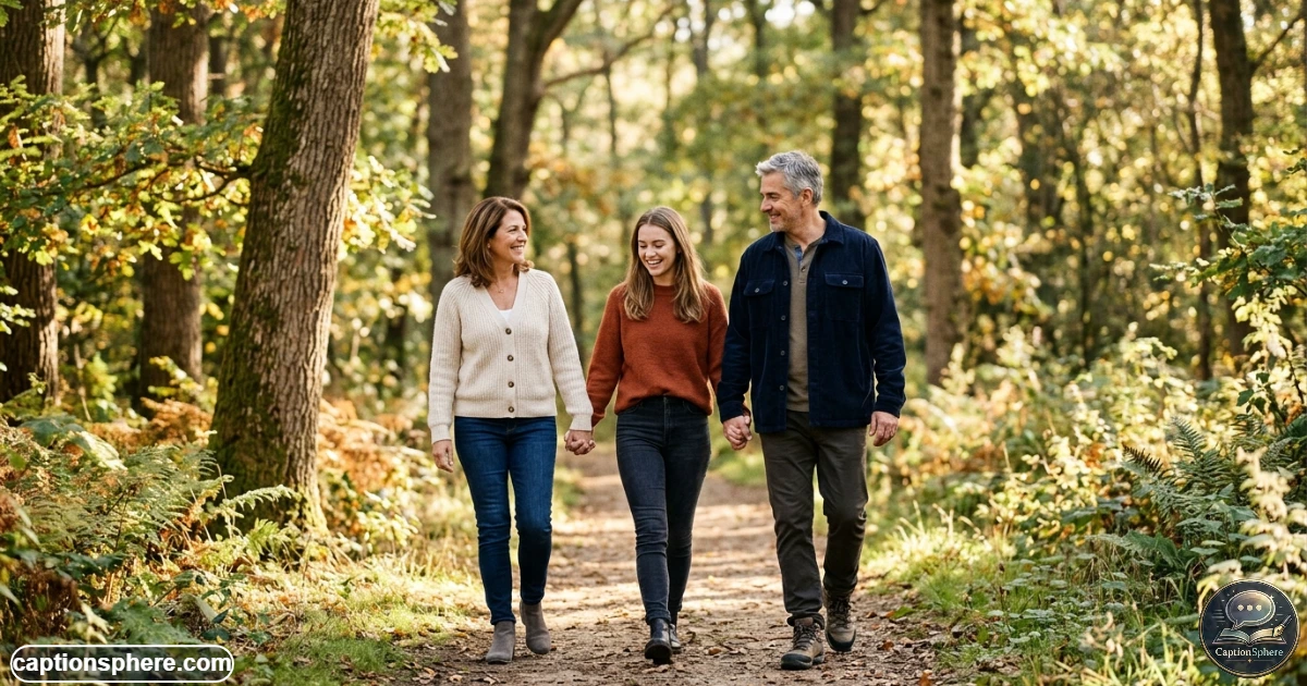 Adult child smiling with parents during a warm family portrait