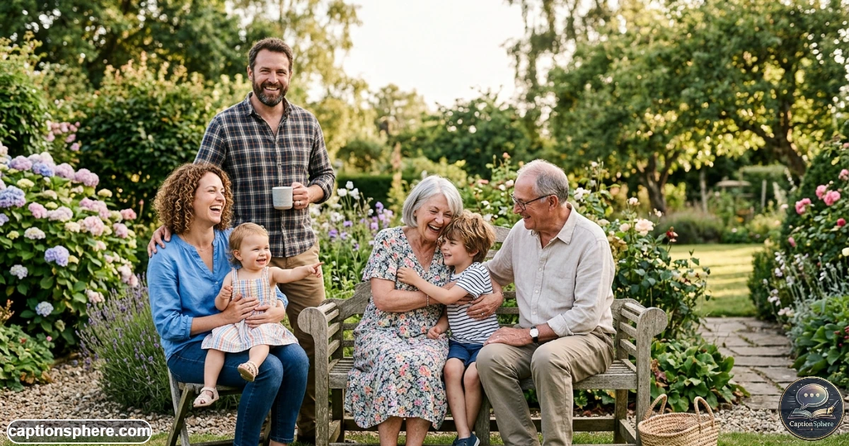 Three generations of one family smiling together outdoors