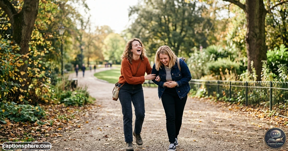 Two best friends laughing together outdoors during a spontaneous funny moment